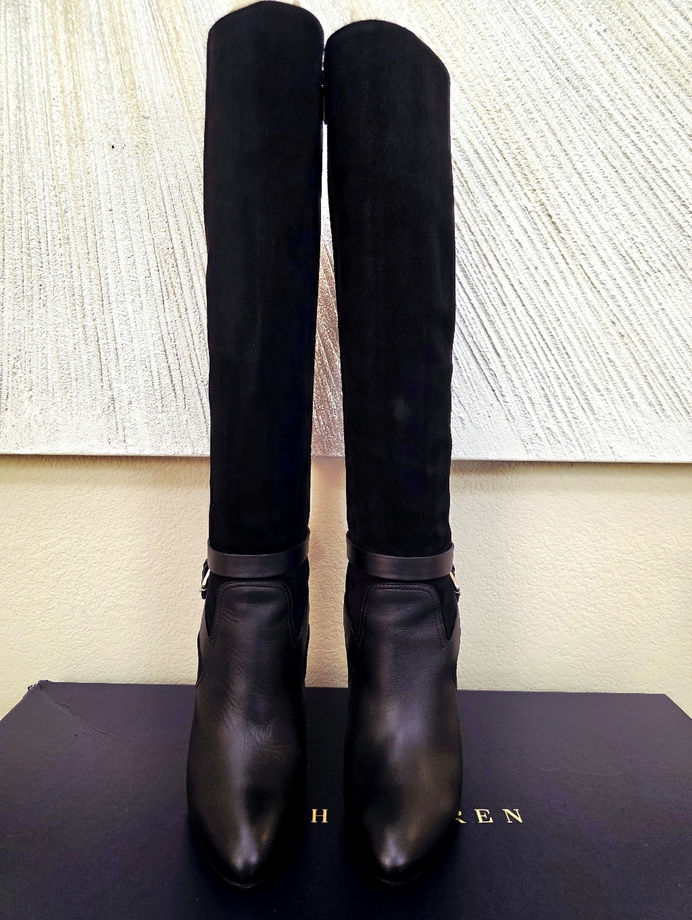 Ralph Lauren Black Leather & Suede Knee-High Stiletto Buckle Boots - Size US 8.5 - Picture 9 of 15